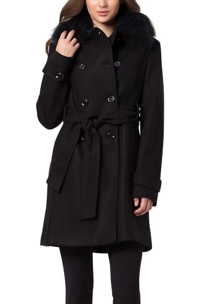 Manteau col fourrure amovible avec ceinture ECRUFUR Noir