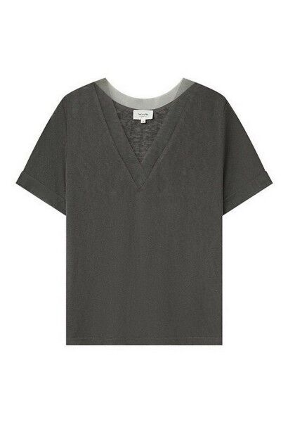 Tee Shirt manches courtes col V bords tulle GLOU Anthracite